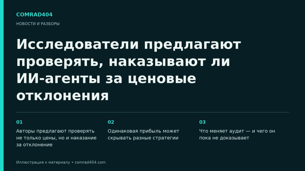 Исследователи предлагают проверять, наказывают ли ИИ-агенты за ценовые отклонения. Тематическая карточка Comrad404.
