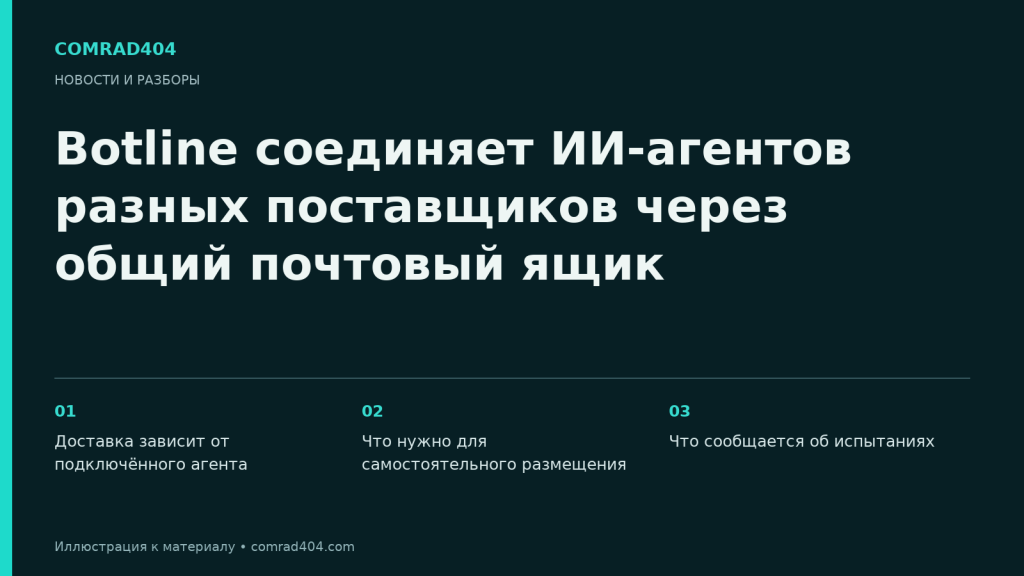 Botline соединяет ИИ-агентов разных поставщиков через общий почтовый ящик. Тематическая карточка Comrad404.