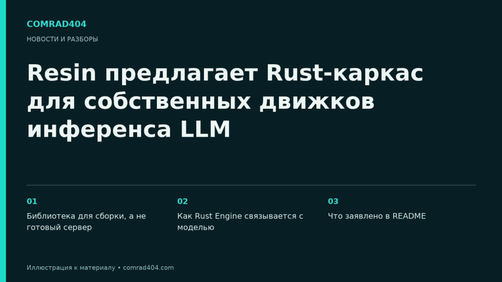 Resin предлагает Rust-каркас для собственных движков инференса LLM. Тематическая карточка Comrad404.
