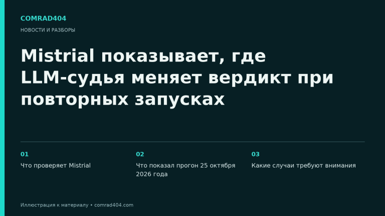 Mistrial показывает, где LLM-судья меняет вердикт при повторных запусках. Тематическая карточка Comrad404.