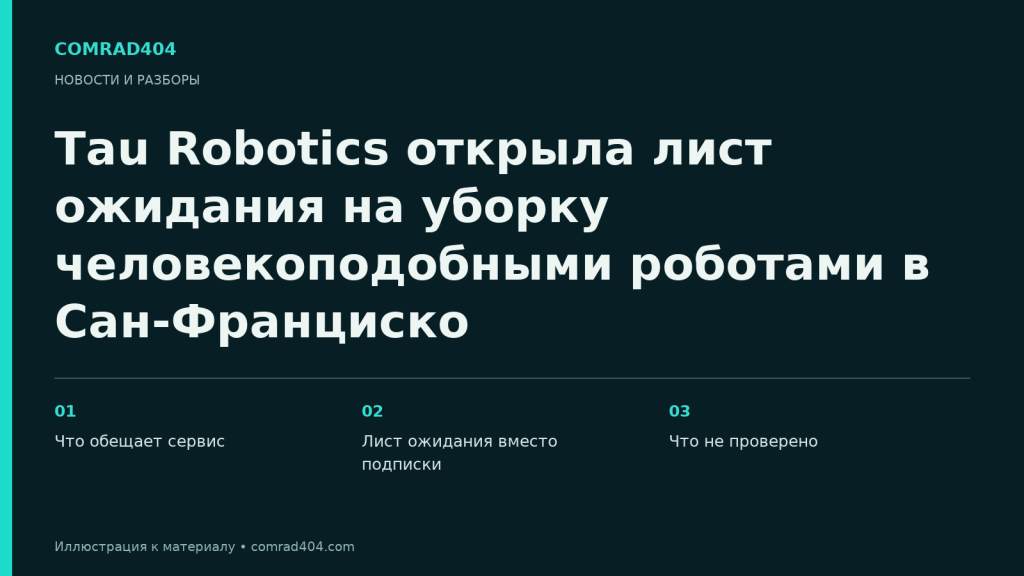 Tau Robotics открыла лист ожидания на уборку человекоподобными роботами в Сан-Франциско. Тематическая карточка Comrad404.