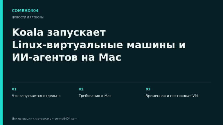 Koala запускает Linux-виртуальные машины и ИИ-агентов на Mac. Тематическая карточка Comrad404.