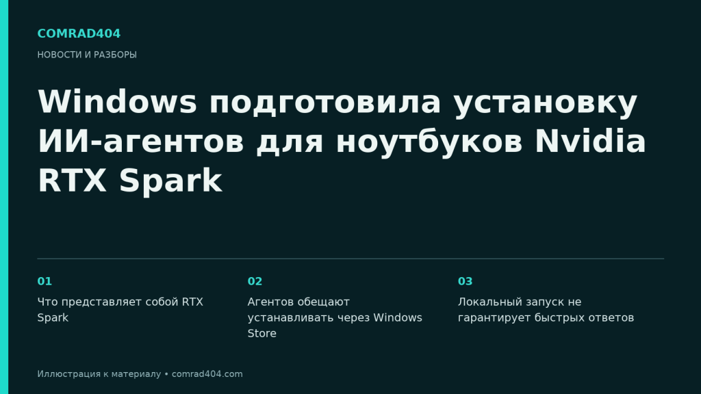 Windows подготовила установку ИИ-агентов для ноутбуков Nvidia RTX Spark. Тематическая карточка Comrad404.