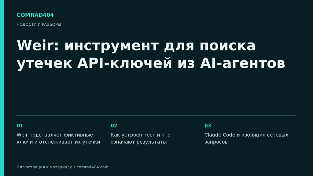 Weir: инструмент для поиска утечек API-ключей из AI-агентов. Тематическая карточка Comrad404.