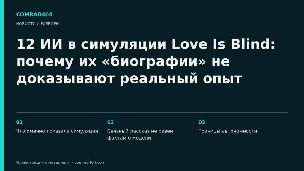 12 ИИ в симуляции Love Is Blind: почему их «биографии» не доказывают реальный опыт. Тематическая карточка Comrad404.