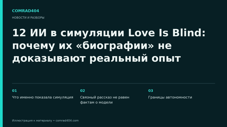 12 ИИ в симуляции Love Is Blind: почему их «биографии» не доказывают реальный опыт. Тематическая карточка Comrad404.