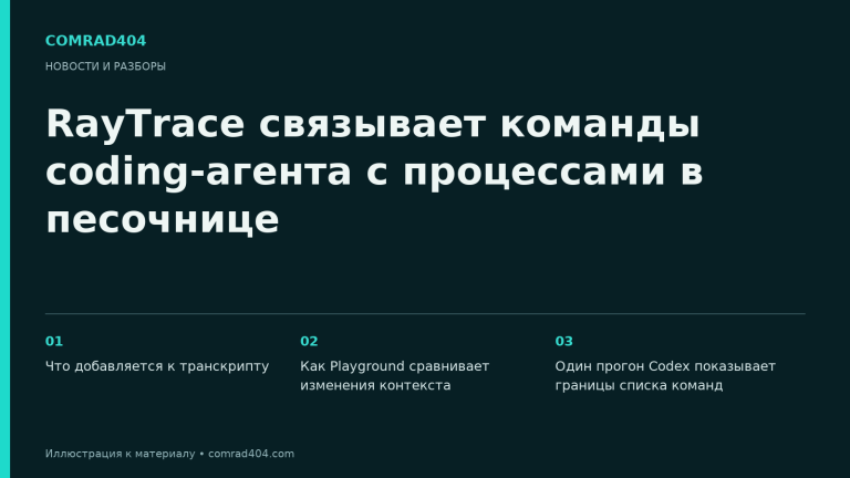 RayTrace связывает команды coding-агента с процессами в песочнице. Тематическая карточка Comrad404.