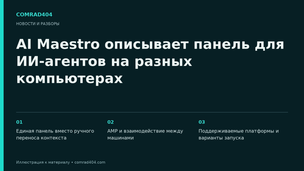 AI Maestro описывает панель для ИИ-агентов на разных компьютерах. Тематическая карточка Comrad404.