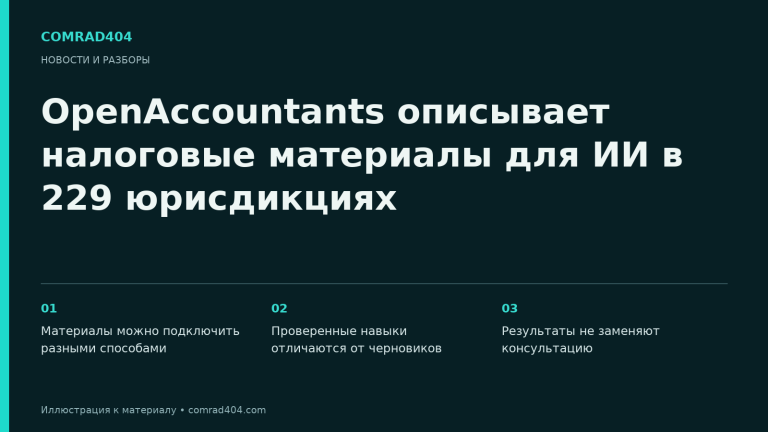 OpenAccountants описывает налоговые материалы для ИИ в 229 юрисдикциях. Тематическая карточка Comrad404.