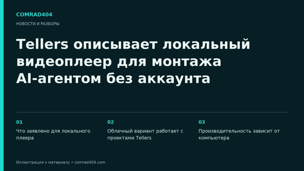 Tellers описывает локальный видеоплеер для монтажа AI-агентом без аккаунта. Тематическая карточка Comrad404.