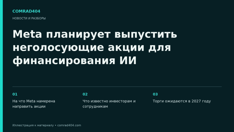 Meta планирует выпустить неголосующие акции для финансирования ИИ. Тематическая карточка Comrad404.