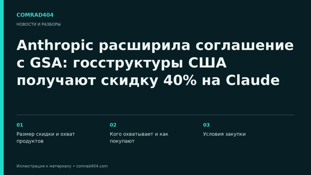 Anthropic расширила соглашение с GSA: госструктуры США получают скидку 40% на Claude. Тематическая карточка Comrad404.