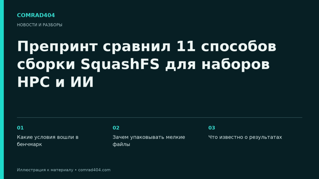 Препринт сравнил 11 способов сборки SquashFS для наборов HPC и ИИ. Тематическая карточка Comrad404.