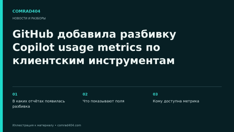 GitHub добавила разбивку Copilot usage metrics по клиентским инструментам. Тематическая карточка Comrad404.