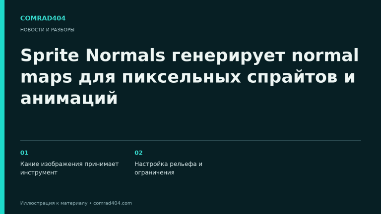Sprite Normals генерирует normal maps для пиксельных спрайтов и анимаций. Тематическая карточка Comrad404.