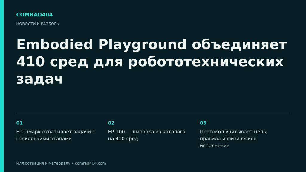 Embodied Playground объединяет 410 сред для робототехнических задач. Тематическая карточка Comrad404.