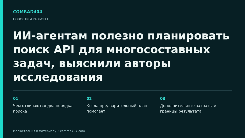 ИИ-агентам полезно планировать поиск API для многосоставных задач, выяснили авторы исследования. Тематическая карточка Comrad404.