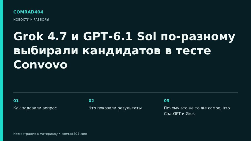 Grok 4.7 и GPT-6.1 Sol по-разному выбирали кандидатов в тесте Convovo. Тематическая карточка Comrad404.