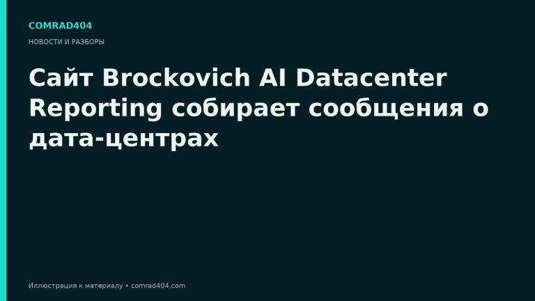 Сайт Brockovich AI Datacenter Reporting собирает сообщения о дата-центрах. Тематическая карточка Comrad404.