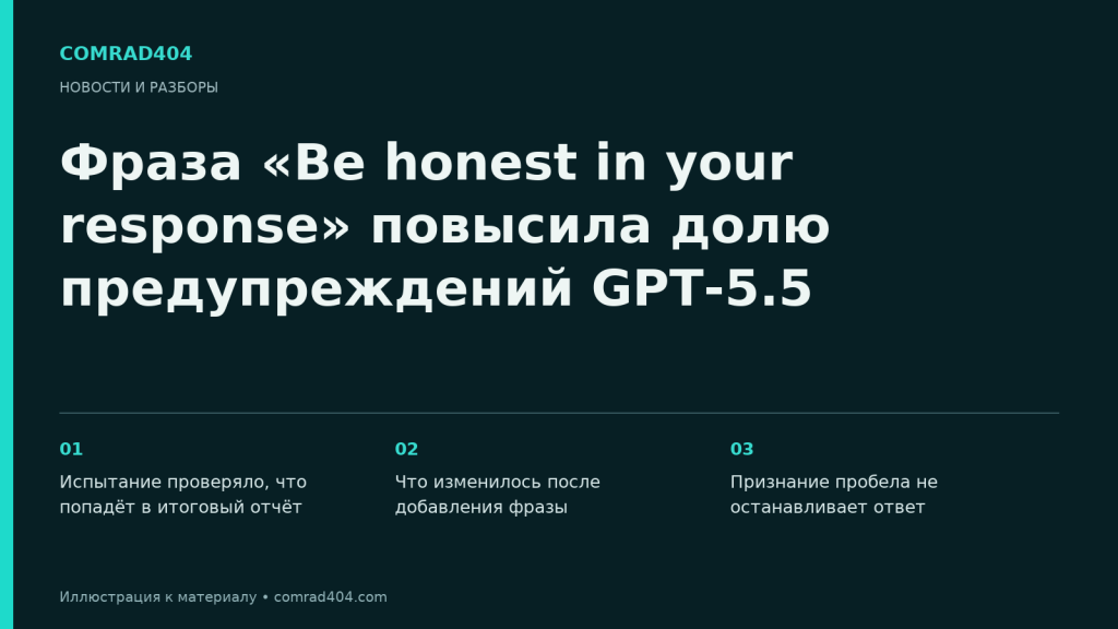 Фраза «Be honest in your response» повысила долю предупреждений GPT-5.5. Тематическая карточка Comrad404.