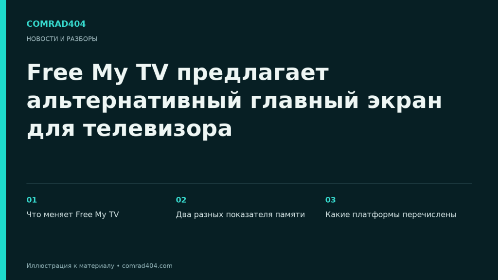 Free My TV предлагает альтернативный главный экран для телевизора. Тематическая карточка Comrad404.