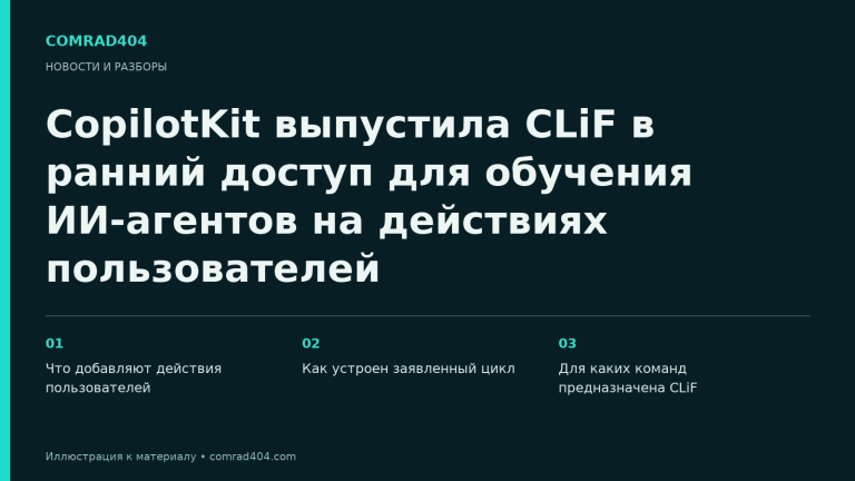 CopilotKit выпустила CLiF в ранний доступ для обучения ИИ-агентов на действиях пользователей. Тематическая карточка Comrad404.