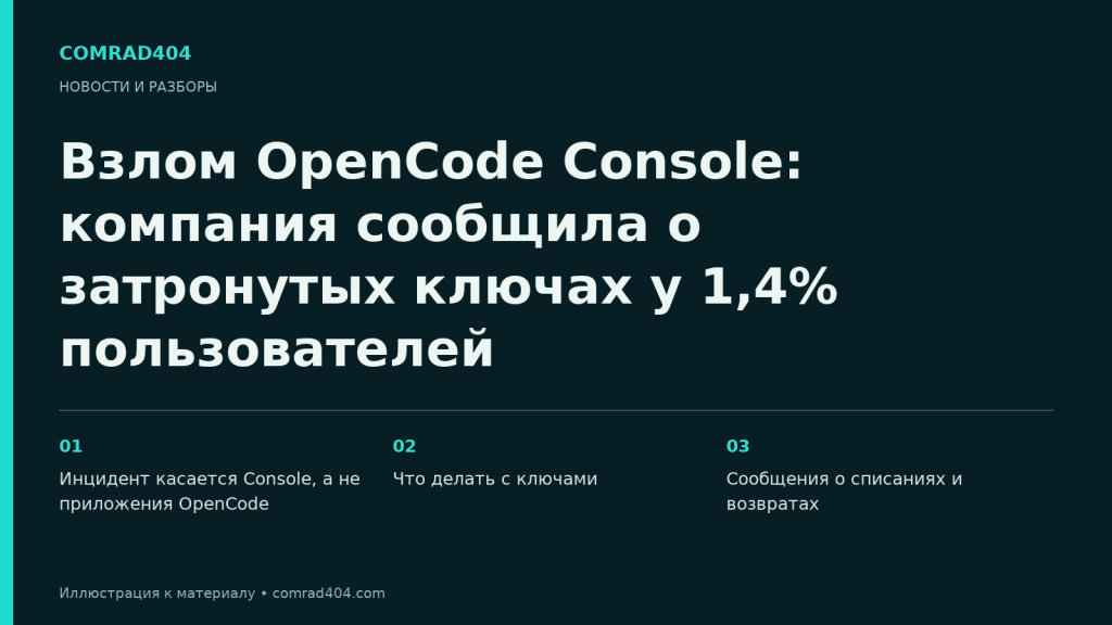 Взлом OpenCode Console: компания сообщила о затронутых ключах у 1,4% пользователей. Тематическая карточка Comrad404.