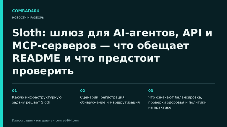 Sloth: шлюз для AI-агентов, API и MCP-серверов — что обещает README и что предстоит проверить. Тематическая карточка Comrad404.