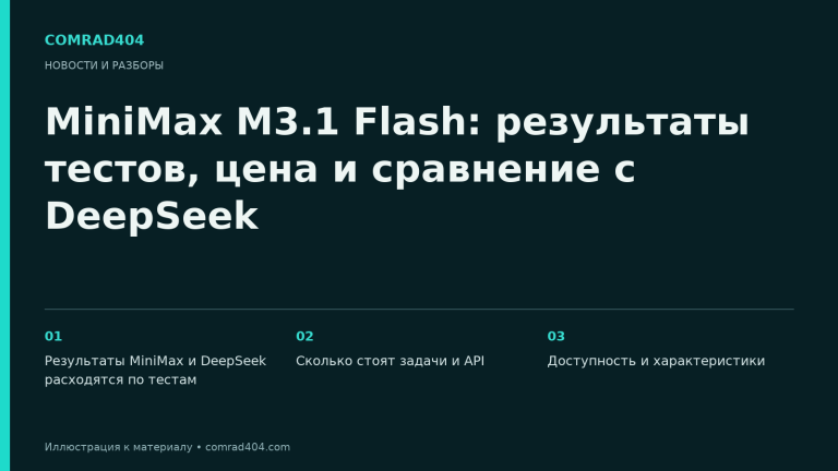 MiniMax M3.1 Flash: результаты тестов, цена и сравнение с DeepSeek. Тематическая карточка Comrad404.