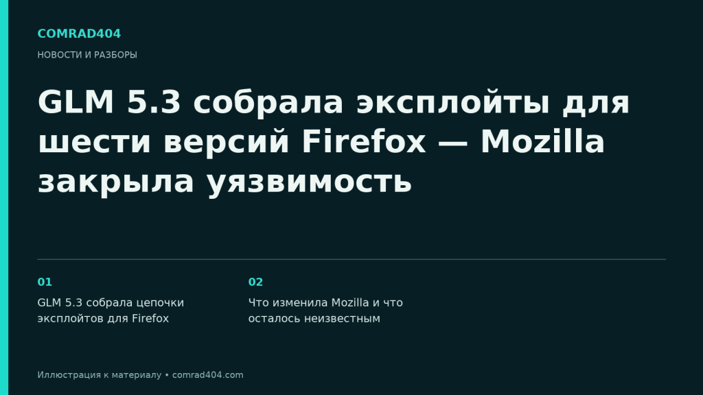 GLM 5.3 собрала эксплойты для шести версий Firefox — Mozilla закрыла уязвимость. Тематическая карточка Comrad404.