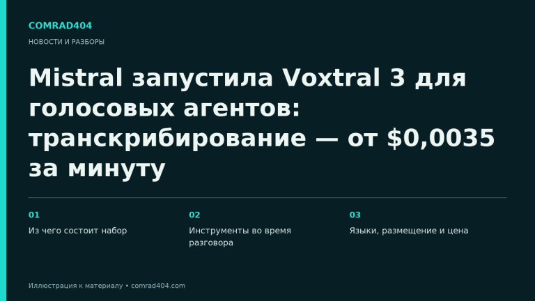 Mistral запустила Voxtral 3 для голосовых агентов: транскрибирование — от $0,0035 за минуту. Тематическая карточка Comrad404.