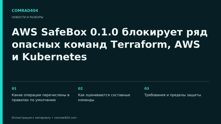 AWS SafeBox 0.1.0 блокирует ряд опасных команд Terraform, AWS и Kubernetes. Тематическая карточка Comrad404.