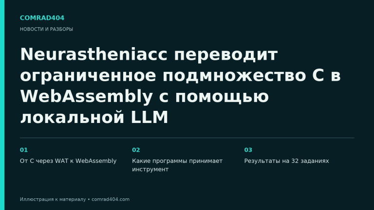 Neurastheniacc переводит ограниченное подмножество C в WebAssembly с помощью локальной LLM. Тематическая карточка Comrad404.
