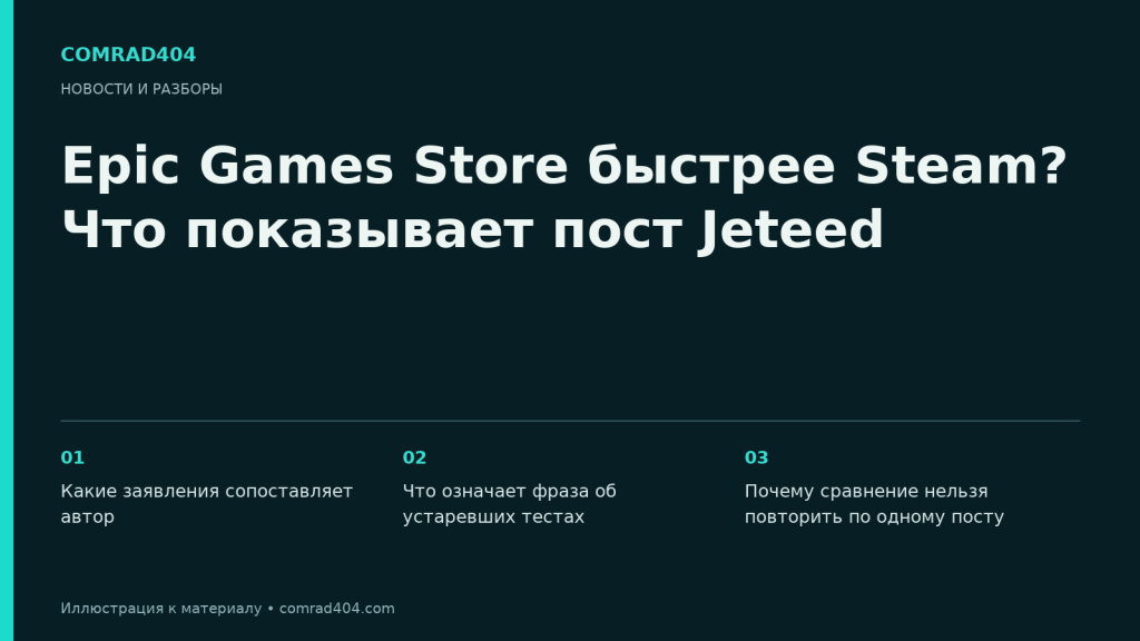 Epic Games Store быстрее Steam? Что показывает пост Jeteed. Тематическая карточка Comrad404.
