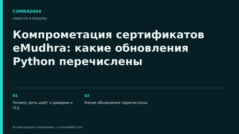 Компрометация сертификатов eMudhra: какие обновления Python перечислены. Тематическая карточка Comrad404.