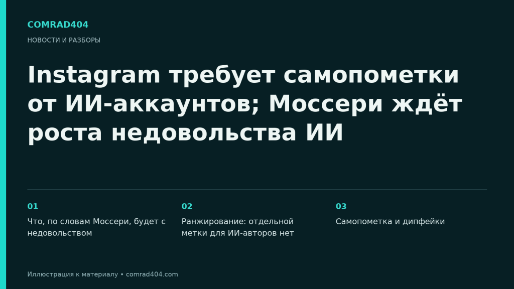 Instagram требует самопометки от ИИ-аккаунтов; Моссери ждёт роста недовольства ИИ. Тематическая карточка Comrad404.
