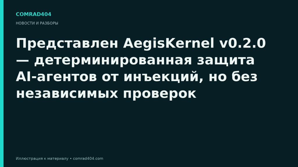Представлен AegisKernel v0.2.0 — детерминированная защита AI-агентов от инъекций, но без независимых проверок. Тематическая карточка Comrad404.