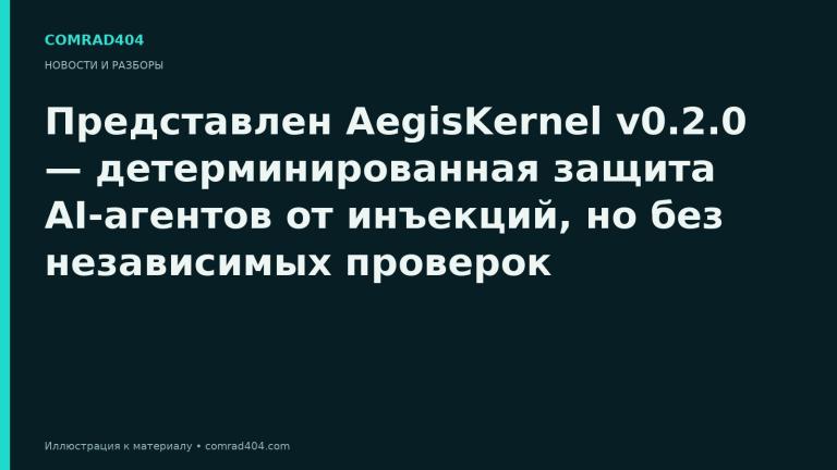 Представлен AegisKernel v0.2.0 — детерминированная защита AI-агентов от инъекций, но без независимых проверок. Тематическая карточка Comrad404.