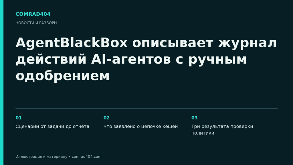 AgentBlackBox описывает журнал действий AI-агентов с ручным одобрением. Тематическая карточка Comrad404.