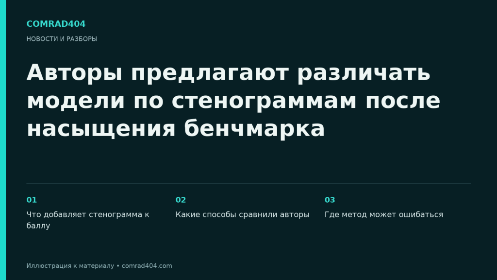 Авторы предлагают различать модели по стенограммам после насыщения бенчмарка. Тематическая карточка Comrad404.