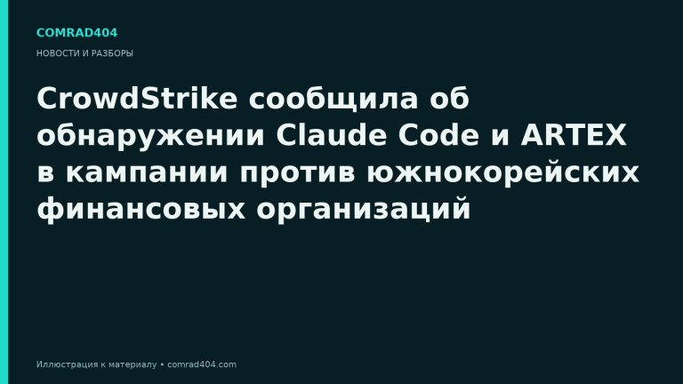 CrowdStrike сообщила об обнаружении Claude Code и ARTEX в кампании против южнокорейских финансовых организаций. Тематическая карточка Comrad404.