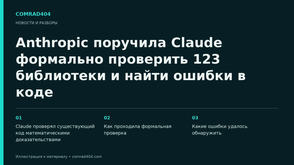 Anthropic поручила Claude формально проверить 123 библиотеки и найти ошибки в коде. Тематическая карточка Comrad404.