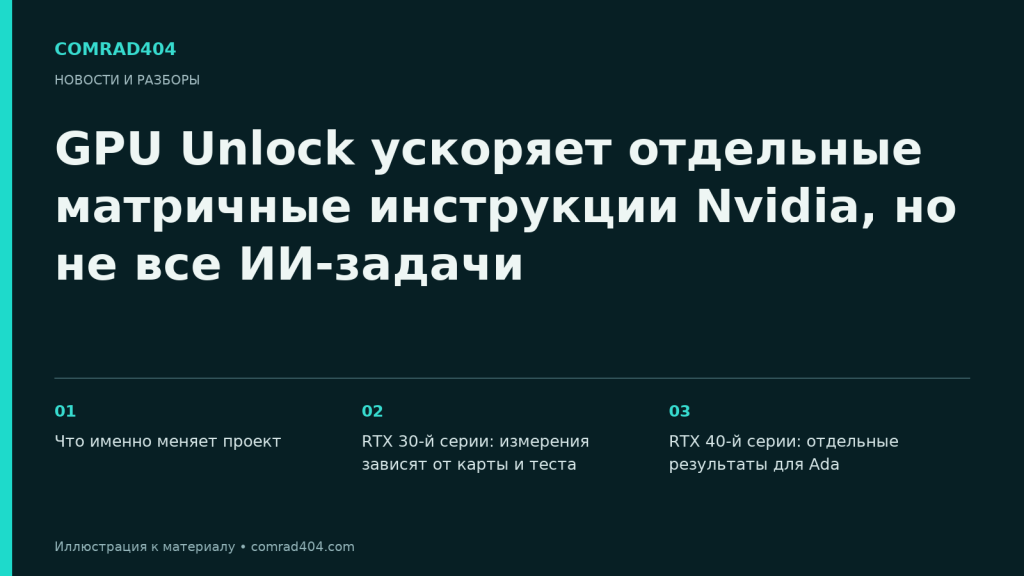 GPU Unlock ускоряет отдельные матричные инструкции Nvidia, но не все ИИ-задачи. Тематическая карточка Comrad404.