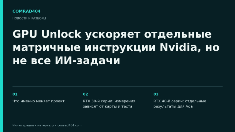 GPU Unlock ускоряет отдельные матричные инструкции Nvidia, но не все ИИ-задачи. Тематическая карточка Comrad404.