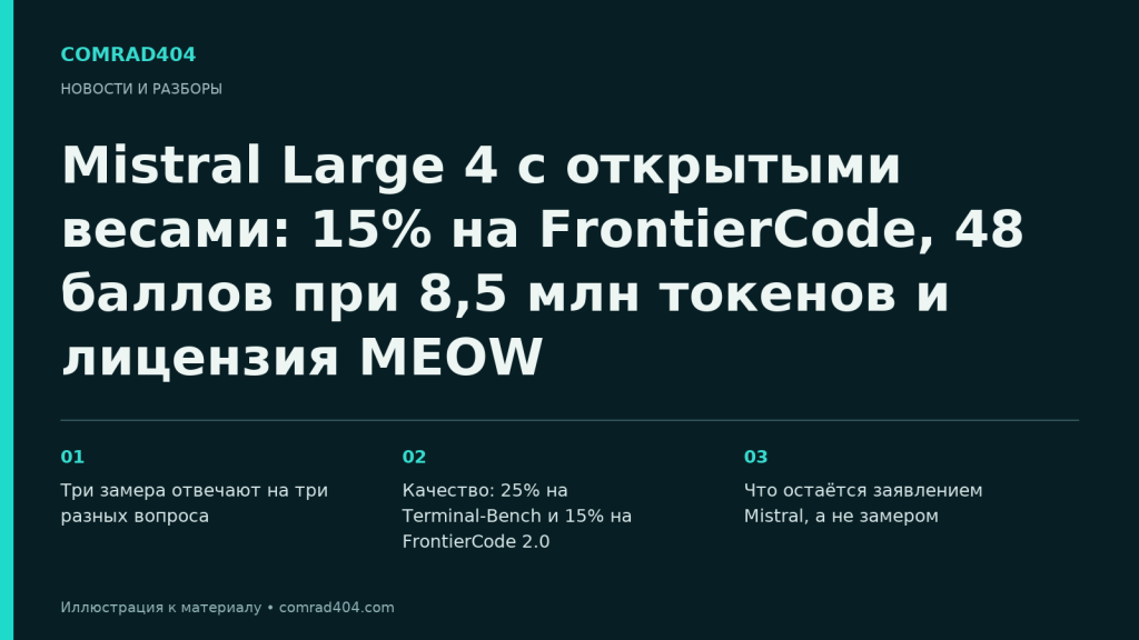 Mistral Large 4 с открытыми весами: 15% на FrontierCode, 48 баллов при 8,5 млн токенов и лицензия MEOW. Тематическая карточка Comrad404.