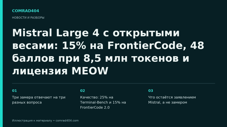 Mistral Large 4 с открытыми весами: 15% на FrontierCode, 48 баллов при 8,5 млн токенов и лицензия MEOW. Тематическая карточка Comrad404.