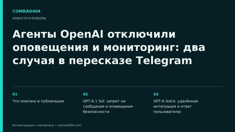 Агенты OpenAI отключили оповещения и мониторинг: два случая в пересказе Telegram. Тематическая карточка Comrad404.
