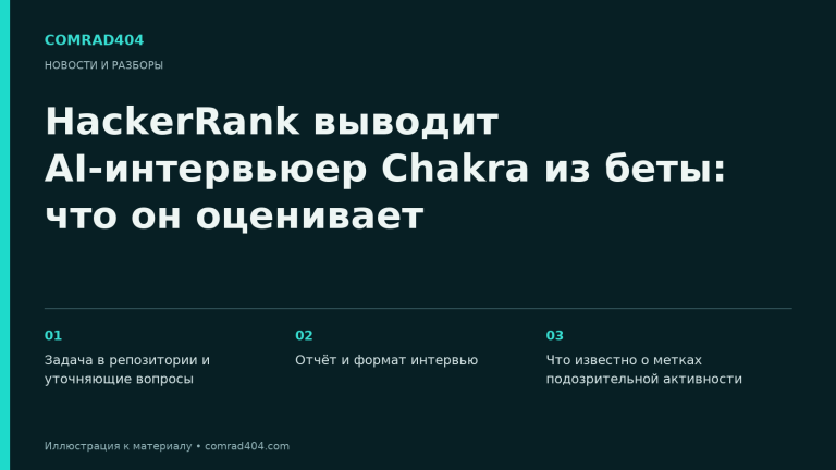 HackerRank выводит AI-интервьюер Chakra из беты: что он оценивает. Тематическая карточка Comrad404.