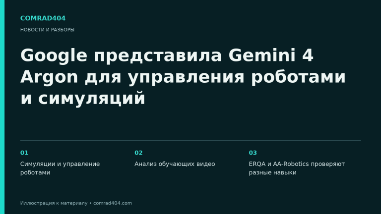 Google представила Gemini 4 Argon для управления роботами и симуляций. Тематическая карточка Comrad404.