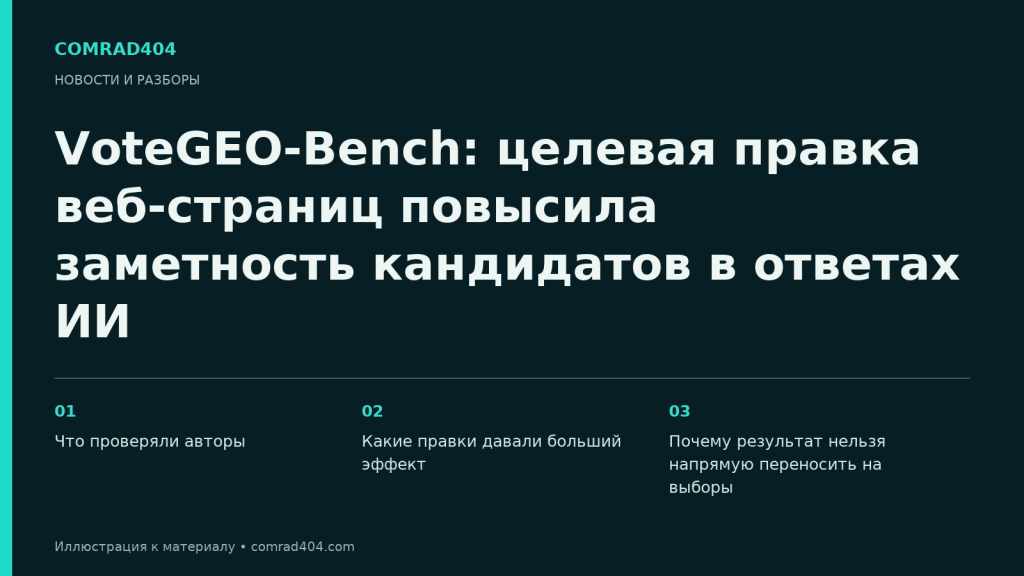 VoteGEO-Bench: целевая правка веб-страниц повысила заметность кандидатов в ответах ИИ. Тематическая карточка Comrad404.